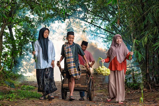 Group of Indonesian children in traditional attire enjoying a day outdoors in Banten.
